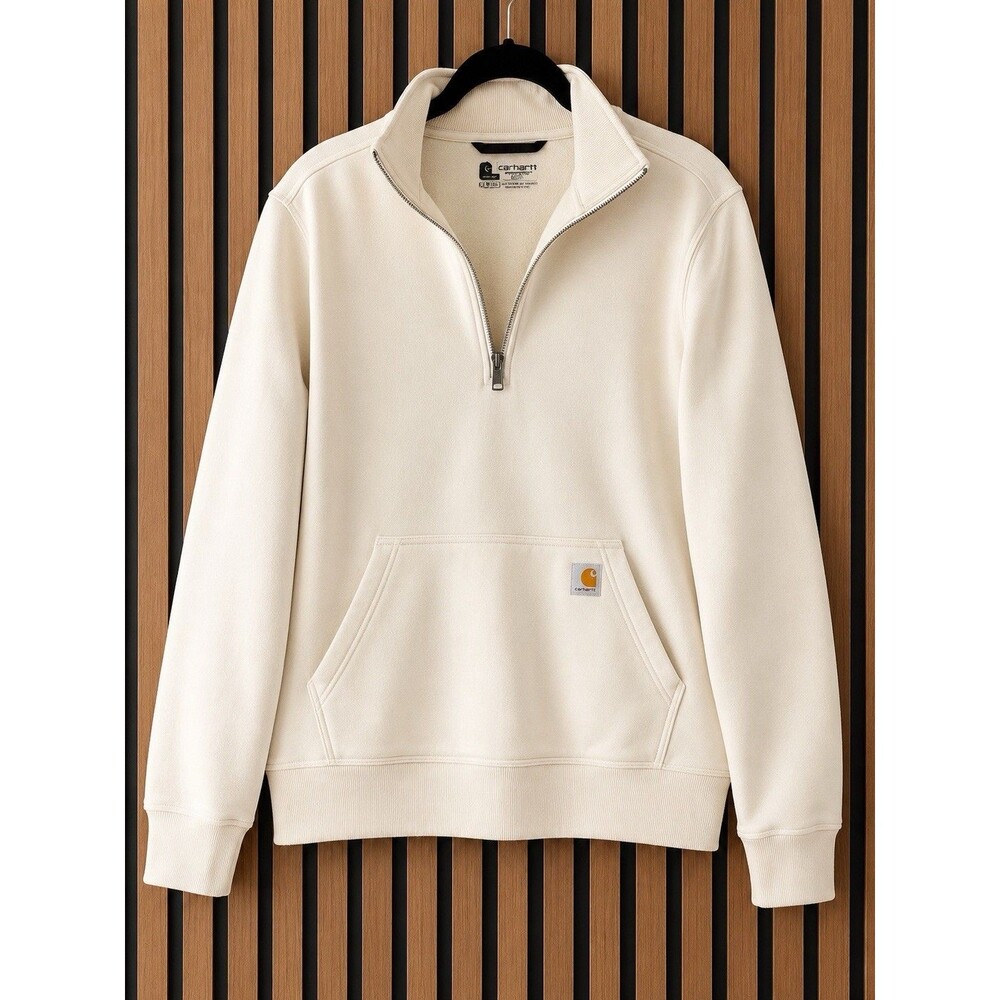 Carhartt Women's XL Relaxed Quarter Zip Sweatshirt Cream Minimalist Logo Pocket